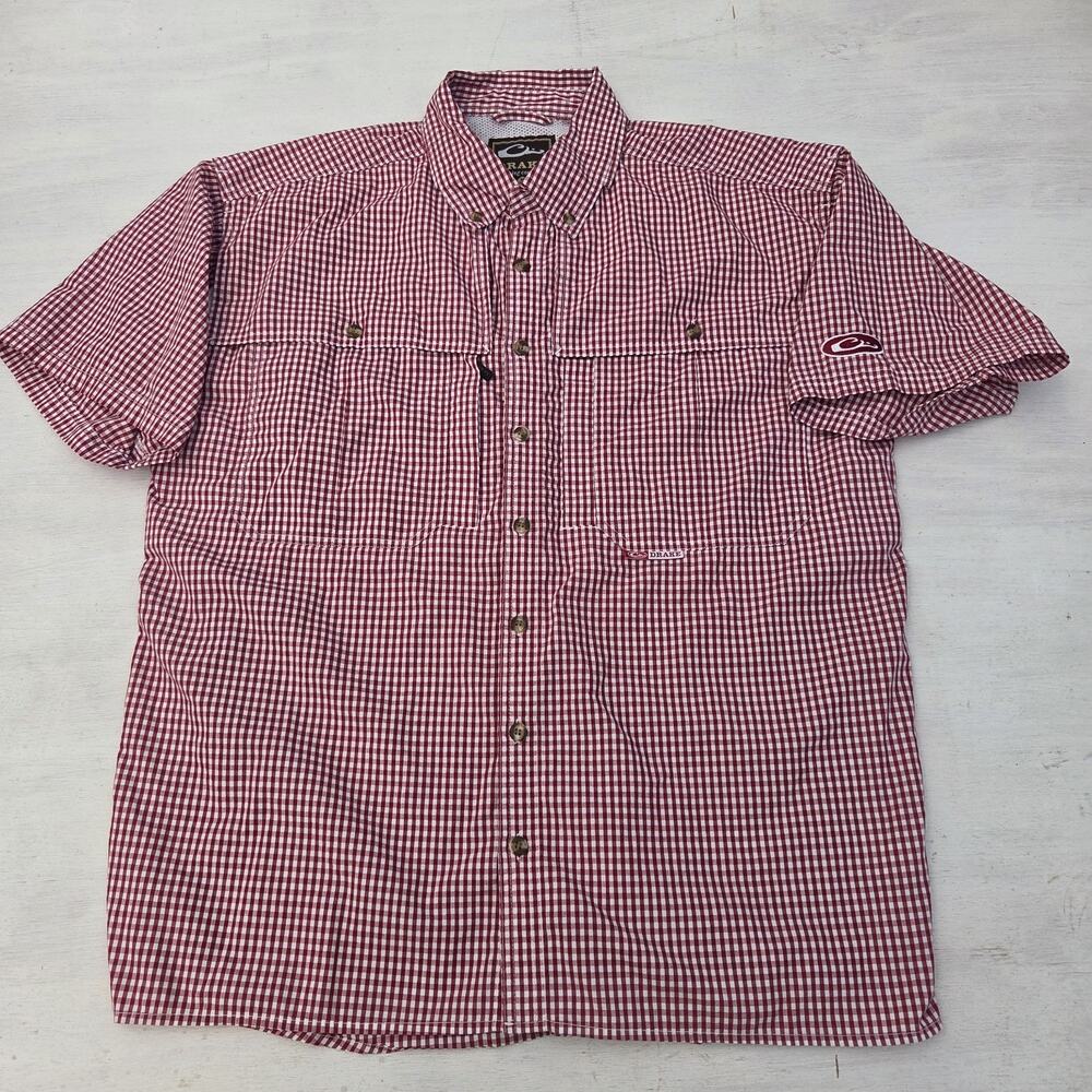 Drake Waterfowl Shirt Mens M Button Down Short Sleeve Vented Red Plaid Outdoors